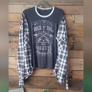 Women’s Black Rock 'N' Roll Graphic Long Sleeve Tee with Plaid Sleeves
